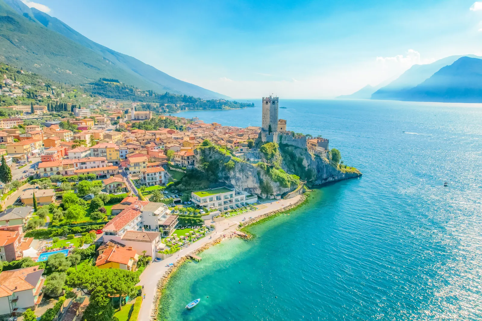 Aerial view of Malcesine and its Scaliger Castle on the Veneto shore of Lake Garda