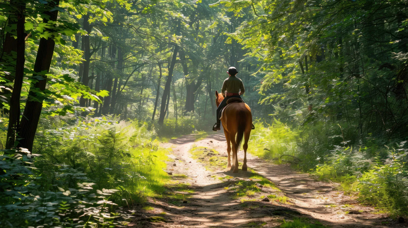 Horse rider on a sunlit forest trail